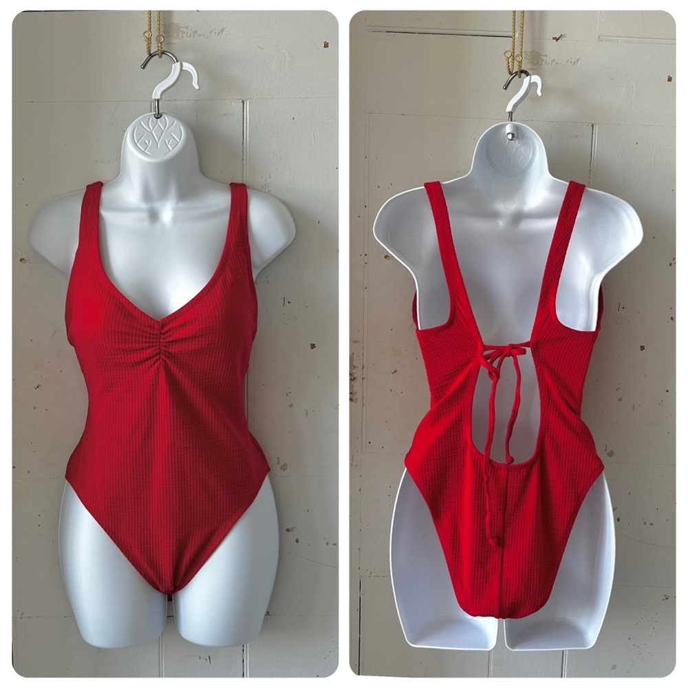 Shade & Shore Textured Red One Piece V-Neck  High-Cut Legs Swimsuit Bathing Suit